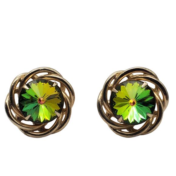 Green Watermelon Rivoli Cufflinks Dante Gold Tone Cuff Links Vintage 1960s MCM - Picture 1 of 10